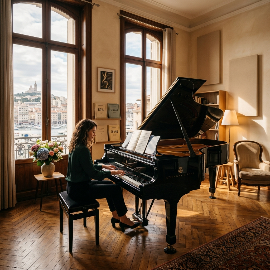 Studio de piano haut de gamme baigné de lumière naturelle à Marseille 8ème — Les Virtuoses