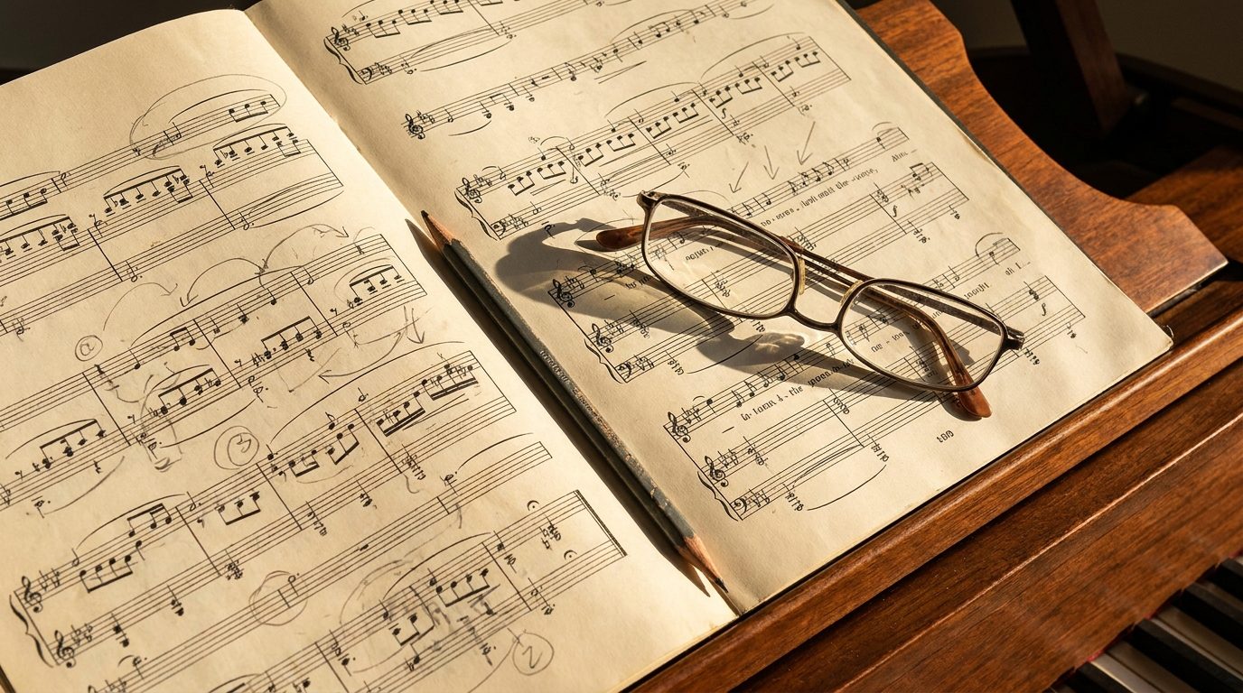 Partition manuscrite ouverte avec notes annotées au crayon, lunettes de lecture et crayon graphite sur le pupitre d'un piano à queue — studio Les Virtuoses Marseille