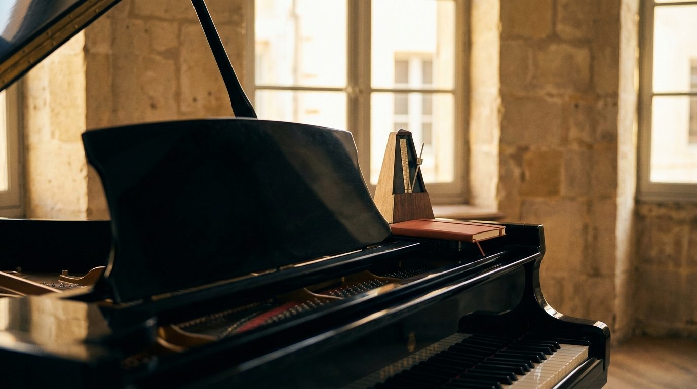 Piano à queue au pupitre vide, sans aucune partition, métronome en bois et carnet fermé posés dessus, lumière dorée de fin d'après-midi — studio Les Virtuoses Marseille